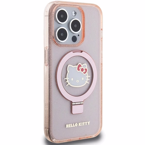 Hello Kitty gredzena statīvs spīdīgs Electrop Logo magnētiskais viedtālruņa apvalks iPhone 15 Pro - rozā