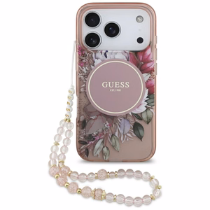 Guess IML Ziedi Pērļu Siksniņa Magnētiskais viedtālruņa apvalks iPhone 17 Pro - rozā