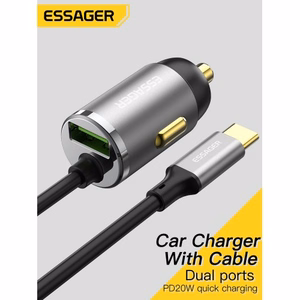 Automašīnas lādētājs Essager Bee pelēks 20W (1xUSB) + iebūvēts Type-C kabelis