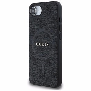 Guess PU ādas 4G krāsains gredzena apvalks ar MagSafe iPhone 16e - melns