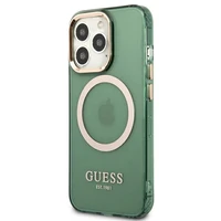 Guess GUHMP13LHTCMA iPhone 13 Pro / 13 6.1" zaļš/khaki cietais viedtālruņa apvalks ar zelta kontūru, caurspīdīgs Magnētiskais MagSafe