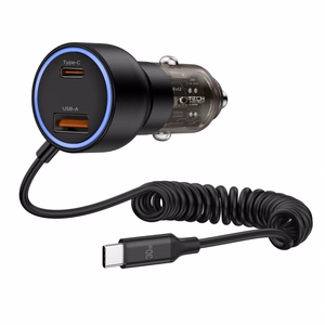 CC05 Automašīnas lādētājs 2 porti PD60 W + USB-C kabelis - melns