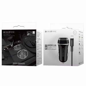 Borofone BZ2 Joyroad automašīnas lādētājs ar 2 USB-A pieslēgvietām, 12 W, ar Lightning kabeli, melns