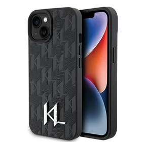 Karl Lagerfeld KLHCP15SPKLPKLK iPhone 15 / 14 / 13 6.1" melns/melns cietais apvalks Ādas monogramma karstais štancējums metāla logotips