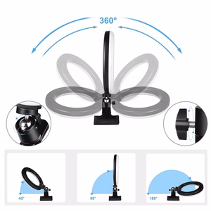 LED gredzena lampa 26cm ar telefona turētāju un stiprinājuma skavu, USB