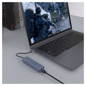 Savio AK-57 USB-C – 3x USB-A centrmezgls ar RJ-45 gigabitu Ethernet adapteri, 5000 Mbit/s, pelēks