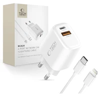 Tech-Protect NCA20 PD 20W QC3.0 USB-A / USB-C sienas lādētājs + USB-C / Lightning kabelis 100cm - balts