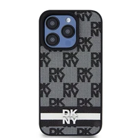 DKNY Ādas rūtainais mono raksts un drukātās svītras viedtālruņa apvalks iPhone 15 Pro - melns