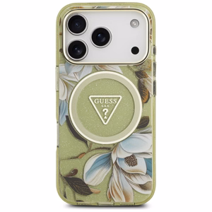 GUESS viedtālruņa apvalks IPHONE 17 Pro Max, saderīgs ar MagSafe GUHMP17XHFLPEDN (IML metāla spīdīgie ziedi trīsstūris) zaļš