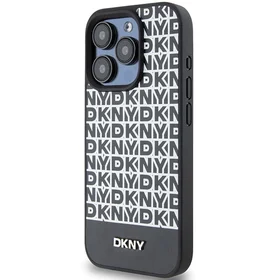 DKNY Ādas drukāts raksts metāla logotips Magnētiskais viedtālruņa apvalks iPhone 15 Pro - melna