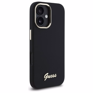 Guess silikona vāciņš ar metāla logotipu un metāla rāmi iPhone 16 Plus - melns