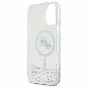 Karl Lagerfeld Liquid Glitter Karl & Choupette Head Magnētiskais iPhone 16 Plus viedtālruņa apvalks - caurspīdīgs