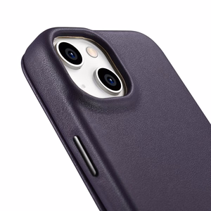 iCarer CE Premium ādas folio viedtālruņa apvalks iPhone 14 Plus magnētiskais atveramais ādas folio apvalks MagSafe tumši violeta