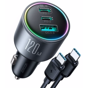 Automašīnas lādētājs Joyroom JR-CCN07, pelēks, 100W (2xPD / 1xQC3.0) + Type-C / Type-C 100 cm kabelis