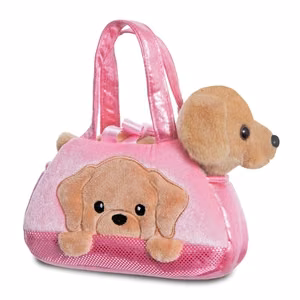 Fancy Pals PeekaBoo videi draudzīga labradora plīša rotaļlieta rozā somiņā, 20 cm