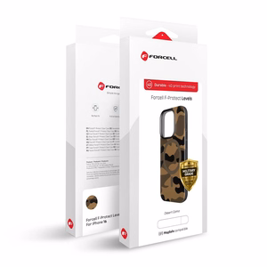 Viedtālruņa apvalks FORCELL F-PROTECT Levels ar divslāņu 4D tehnoloģiju, militārā triecientesta sertifikātu, saderīgs ar MagSafe, paredzēts IPHONE 16 PRO MAX tuksneša kamuflāžas