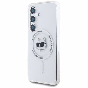 Viedtālruņa apvalks Karl Lagerfeld Poga Choupette Galva Drukāts Logotips Magnētiskais Samsung Galaxy S25 balta