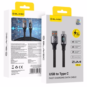 Blavec Zumi pīts kabelis USB - Type C QC 30W 3A ar LCD displeju 1m Apple CarPlay/Android Auto melns