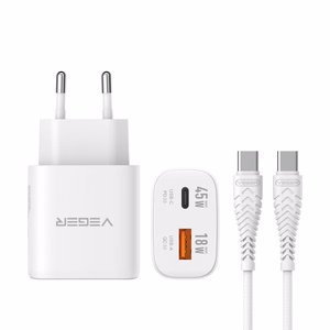 Tālruņa lādētājs VEGER USB A + Type C PD Super Charge PPS 45W + datu kabelis Type C uz C 100W TR101 balts