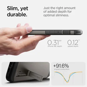 Spigen Tough Armor viedtālruņa apvalks ar MagSafe iPhone 16e ar statīvu - pelēks