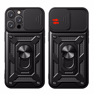 Hybrid Armor Camshield viedtālruņa apvalks iPhone 16 Pro ar kameras vāciņu un statīvu - melns