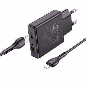 Зарядное устройство для телефона Hoco Slim USB A + USB C QC3.0 PD 3A 20W + кабель USB C to Lightning N38 чёрное