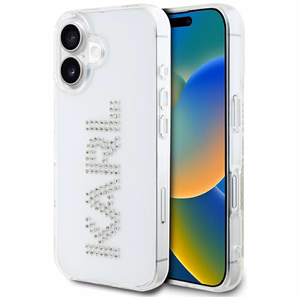 Karl Lagerfeld IML Rhinestones Logo viedtālruņa apvalks iPhone 16 - caurspīdīgs