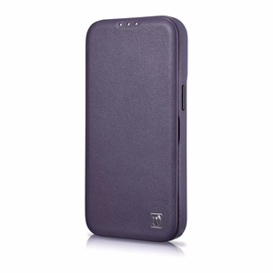 iCarer CE Premium ādas folio viedtālruņa apvalks iPhone 14 Plus magnētiskais atveramais ādas folio apvalks MagSafe tumši violeta