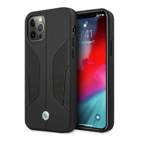 BMW ādas apvalks ar perforētām malām iPhone 12 Pro Max - melns