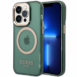 Viedtālruņa apvalks Guess GUHMP14LHTCMA iPhone 14 Pro 6.1" zaļa/haki cietais apvalks Zelta Kontūra Caurspīdīgs MagSafe