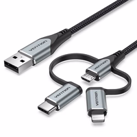 Vention USB 2.0 A Male to 3-in-1 Micro-B&USB-C&Lightning Male Cable 1M pelēks Aluminum Alloy Type
