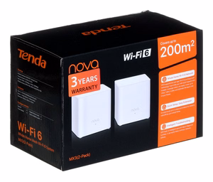 Tenda MX3 (2-pack) AX1500 divjoslu (2,4 GHz/5 GHz) Wi-Fi 6 (802.11ax) Mesh sistēma, 1 LAN ports, iekšējās antenas, balta