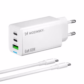 Wozinsky GaN 65W lādētājs ar USB-A un 2xUSB-C pieslēgvietām un 65W USB-C kabeli - balts