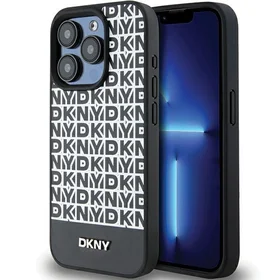 DKNY Ādas drukāts raksta metāla logotips Magnētiskais viedtālruņa apvalks iPhone 15 Pro Max - melns
