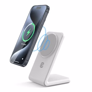 Crong MagSpot Stand 2 vienā bezvadu lādētājs iPhone un AirPods ierīcēm, saderīgs ar MagSafe, balts