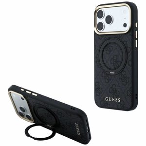Guess Ring Stand 360 4G Classic Logo MagSafe maciņš, paredzēts iPhone 17 Pro / 18 Pro, melns