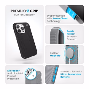 Speck Presidio2 Grip MagSafe vāciņš ierīcei iPhone 15 Pro, melns ar slānekļpelēkām detaļām