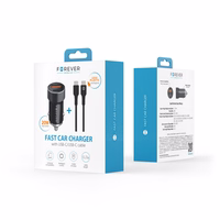 Forever CC-06 PD QC auto lādētājs 1x USB-C 1x USB 20W melns + USB-C - USB-C kabelis 60W