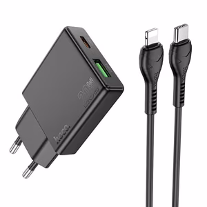 Phone charger Hoco Slim USB A + USB C QC3.0 PD 3A 20W + cable USB C to Lightning N38 black