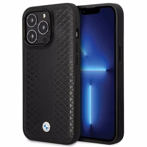 BMW ādas dimanta raksta viedtālruņa apvalks iPhone 14 Pro - melns