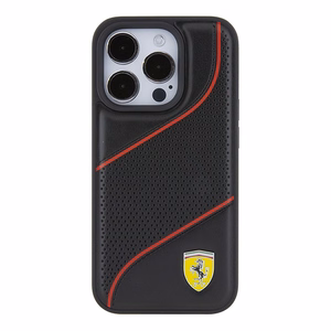 Ferrari Perforated Waves Metal Logo viedtālruņa apvalks iPhone 15 Pro - melns