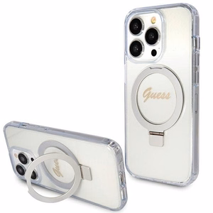 Guess viedtālruņa apvalks ar statīvu Ring Stand Script Glitter magnētiskais iPhone 15 Pro - caurspīdīgs