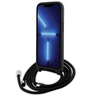 Karl Lagerfeld krustveida Saffiano metāla piespraude Karl & Choupette viedtālruņa apvalks iPhone 15 Plus - melns