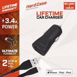 Energizer HardCase DC2CLLIM auto lādētājs, 2 × USB-A, 17 W / 3,4 A, ar MFi sertificētu Lightning kabeli, melns