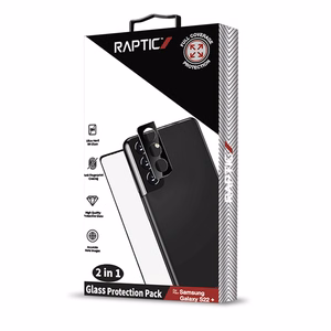 Raptic Glass 2-in-1 aizsargu komplekts Samsung Galaxy S22+: 9H ekrāna stikls un kameras objektīvu aizsargs