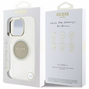 Guess IML Metal Colored Circle Classic Logo Magnētiskais viedtālruņa apvalks iPhone 16 Pro Max - pelēks