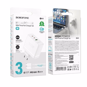 Borofone sienas lādētājs BN11 Imperial - USB + 2xType C - QC 3.0 PD 100W ar Type C uz Type C kabeli balts
