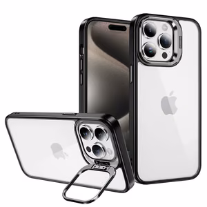Tel Protect Kickstand Case + camera lens glass for iPhone 15 Plus black