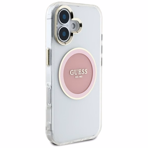 Guess IML Metal Colored Circle Classic Logo Magnētiskais viedtālruņa apvalks iPhone 16 - rozā