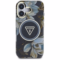 Guess Glitter Flowers Triangle Buttons Magnētiskais viedtālruņa apvalks iPhone 16 - melns